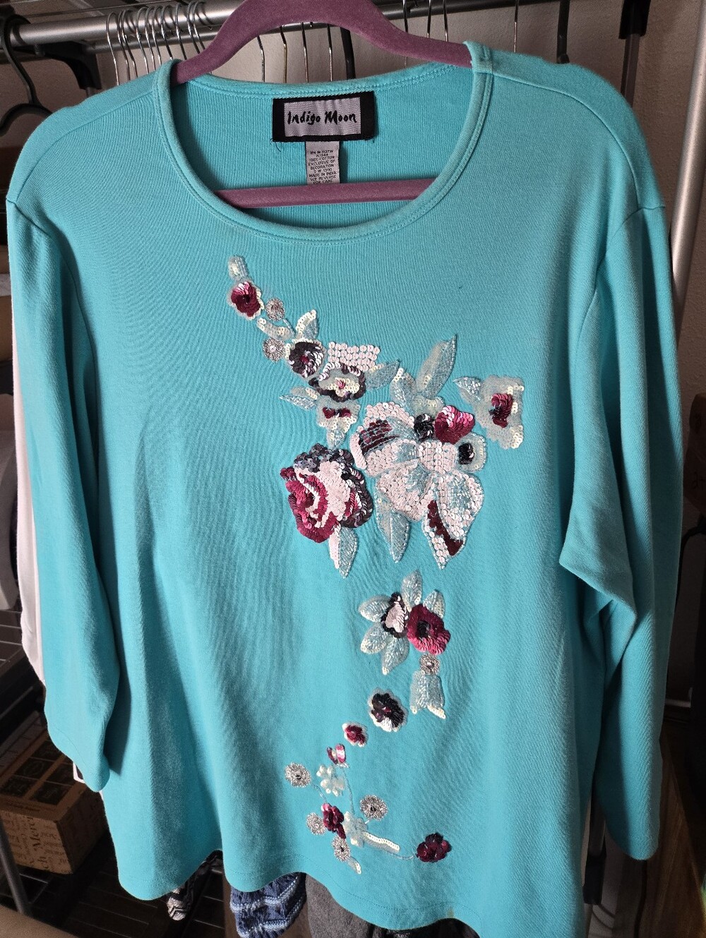Indigo Moon Turquoise Cotton Elbow Sleeve Tee - XL